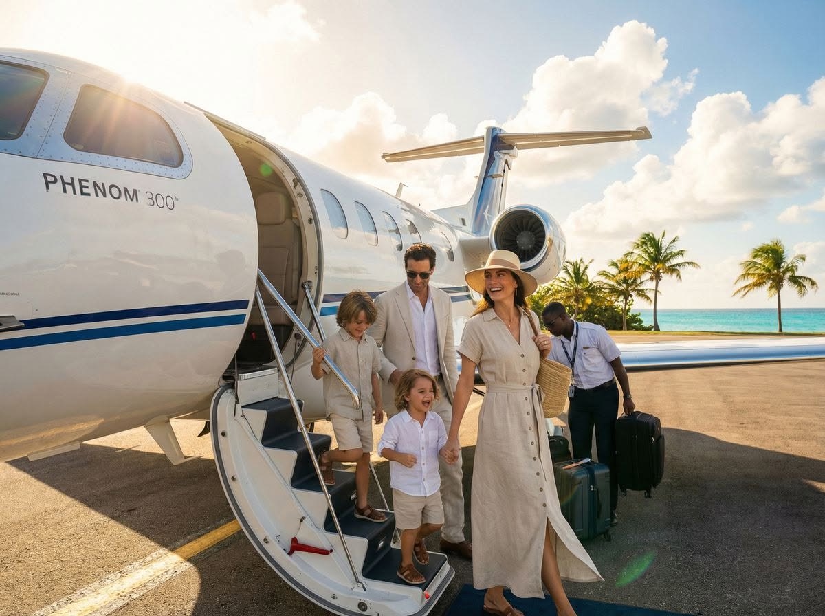 Family stepping off a private jet on a sunny tropical apron